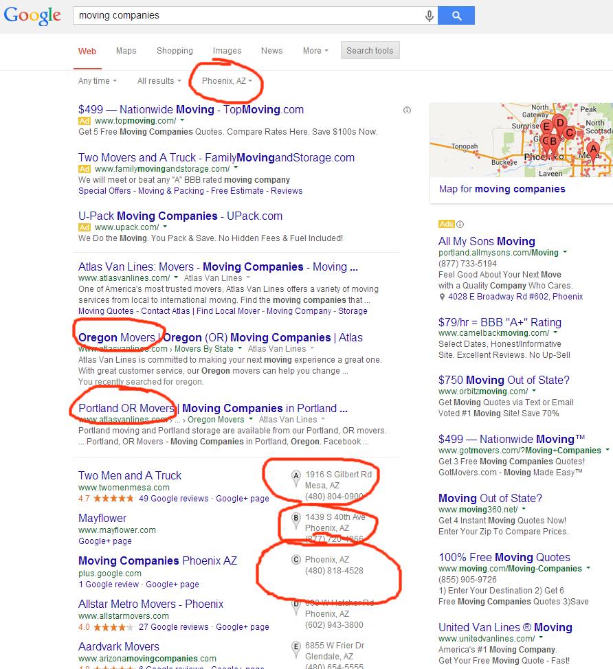 Mixed location results in Google search